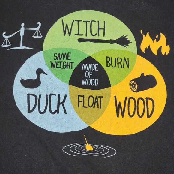 Fruit Of The Loom SS Black Tee Monty Python Logic "Witch Duck Wood" - Medium - Picture 1 of 4